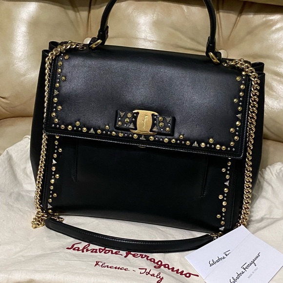 Salvatore Ferragamo Handbags - Salvatore Ferragamo COA Leather Satchel Studded Carrie Vara Bow Chain Top Handle